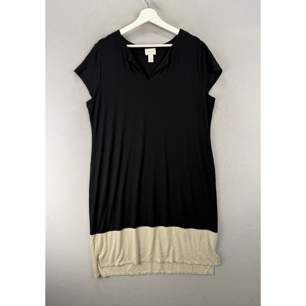 Chico's Women's Sz XL Black Beige Colorblock Shift Dress Short Sleeve Casual